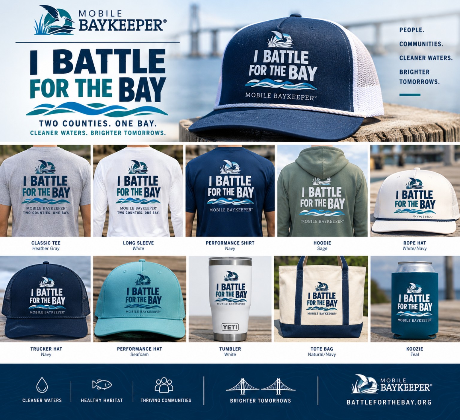 I Battle for the Bay merchandise concept featuring shirts, hats, tumbler, tote bag and koozie